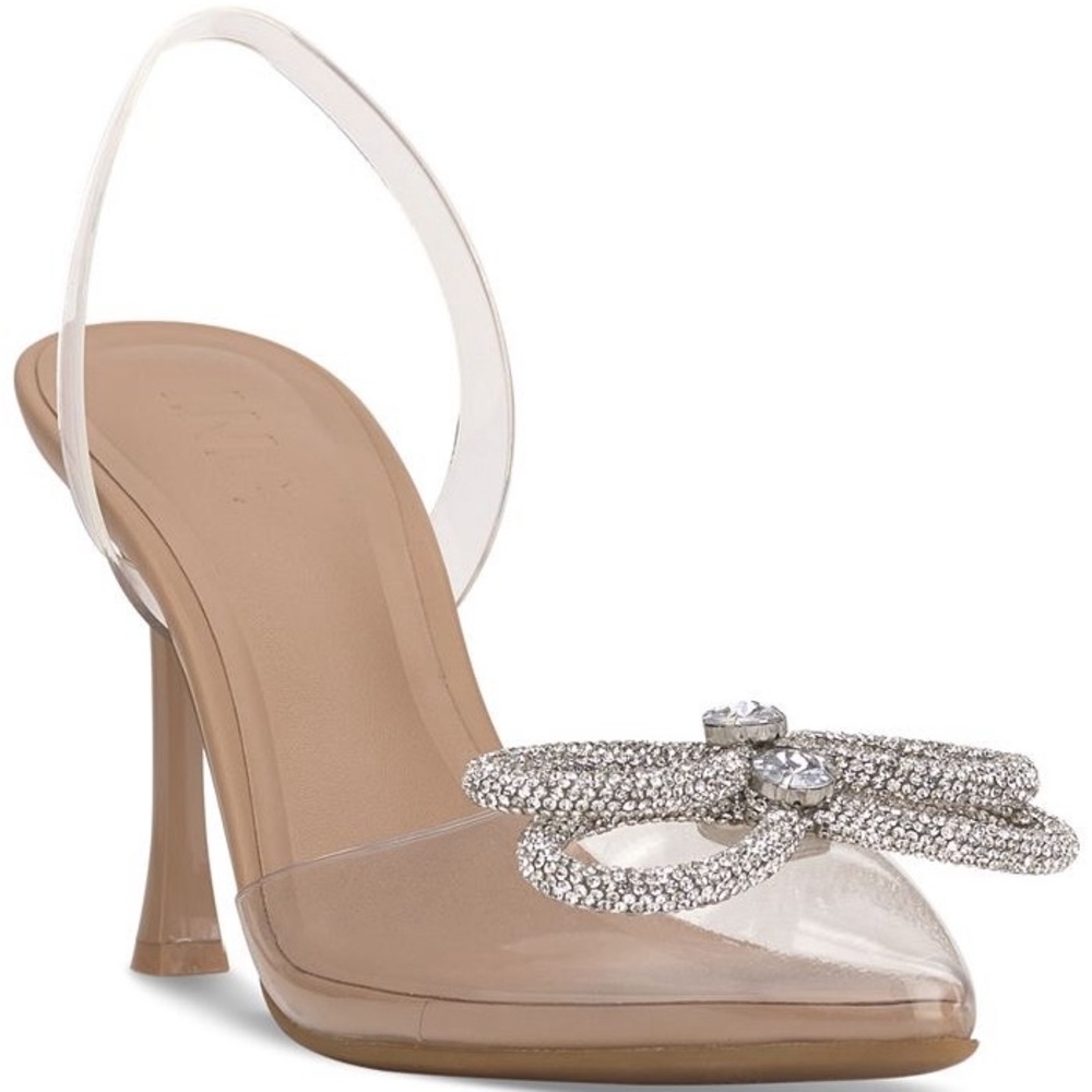 INC Women’s Clear Vinyl Slingback Heels with Rhinestone Bow